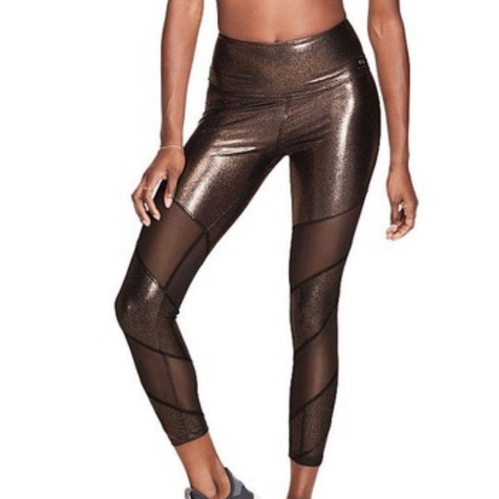 PINK: Bronze, like new, Metallic High Rise Mesh Strip Pant Leggings